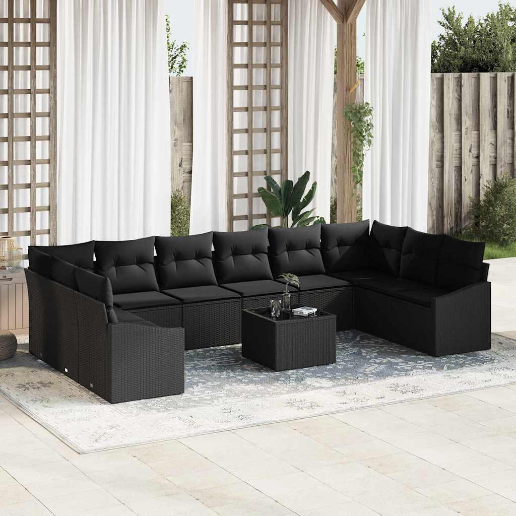 Sofa Sæt med pude 11 pcs Sort polyrattan