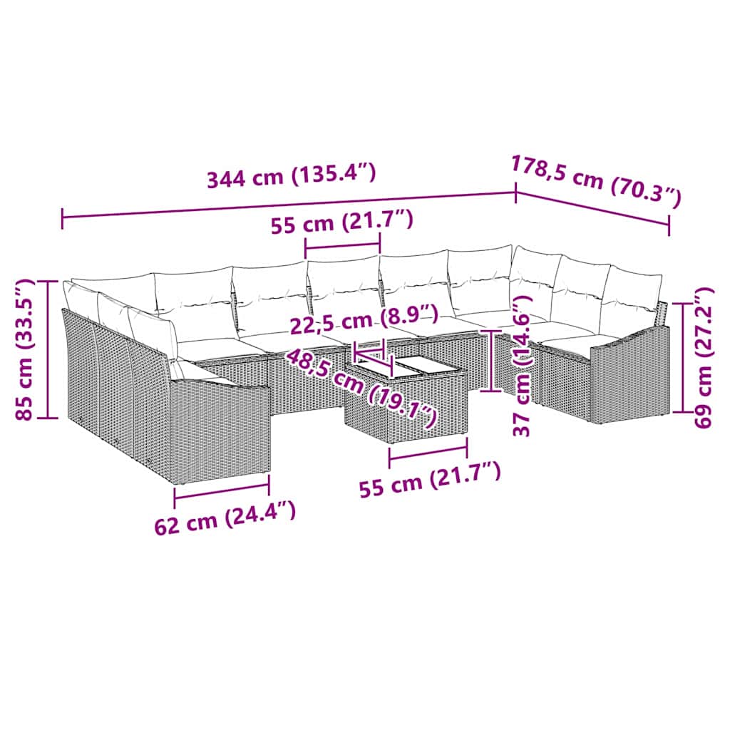 Sofa Sæt med pude 11 pcs Sort polyrattan