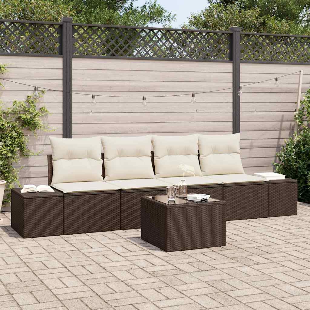 Sofa Sæt med pude med pude 5 pcs Brun og Creme polyrattan
