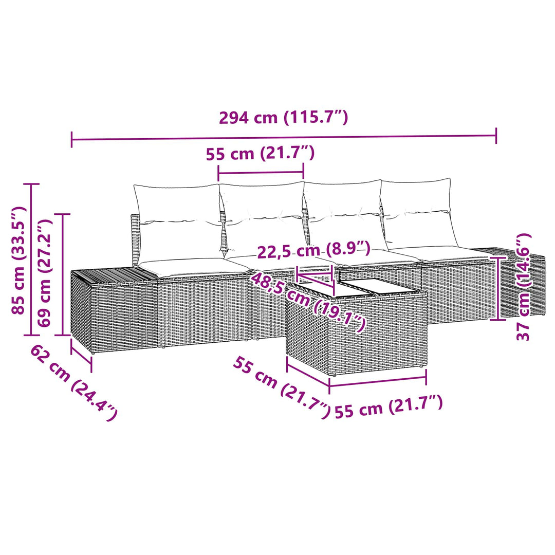 Sofa Sæt med pude 5 pcs Brun polyrattan