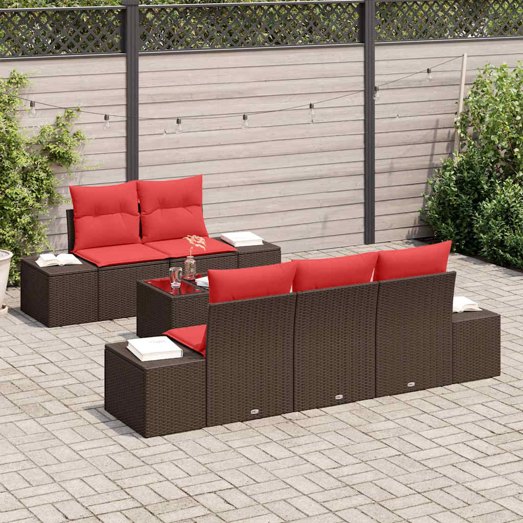 Havesofa Sæt med pude 6 pcs Brun polyrattan