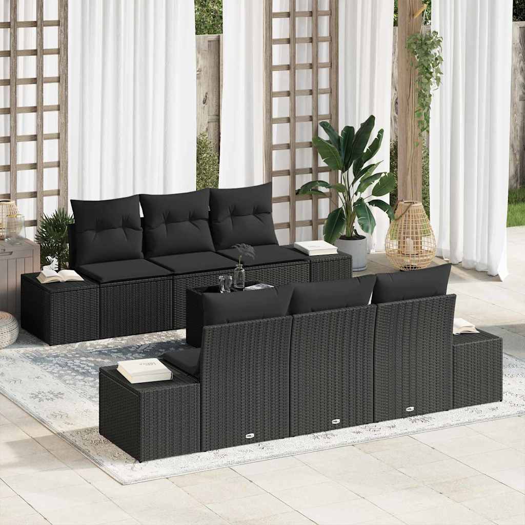 Havesofa Sæt med pude 7 pcs Sort polyrattan
