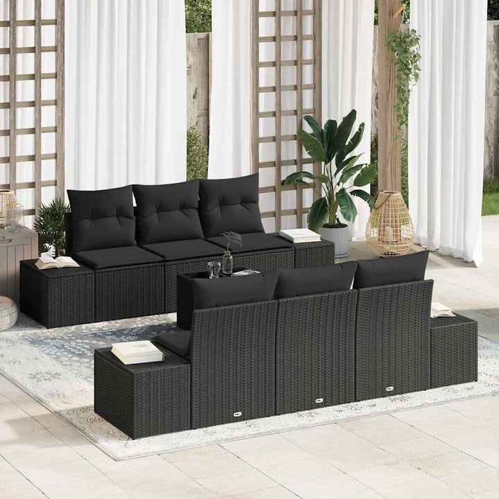 Havesofa Sæt med pude 7 pcs Sort polyrattan