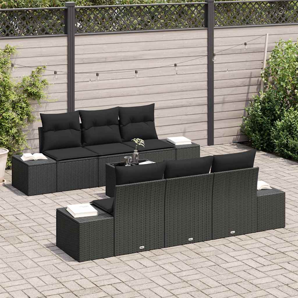 Havesofa Sæt med pude 7 pcs Sort polyrattan