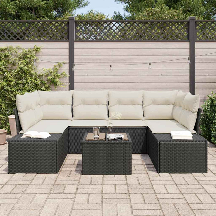 Havesofa Sæt med pude 7 pcs Sort polyrattan