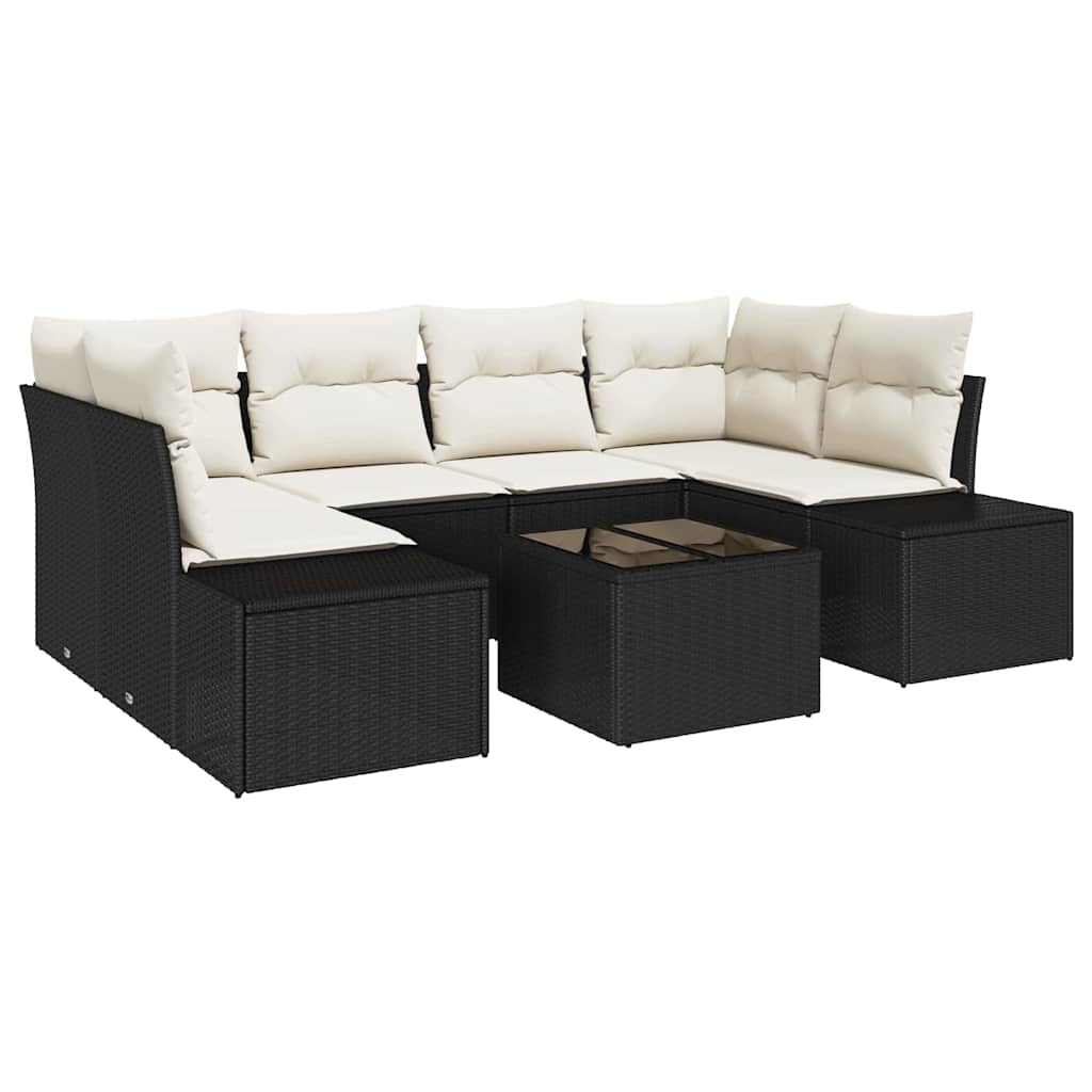 Havesofa Sæt med pude 7 pcs Sort polyrattan
