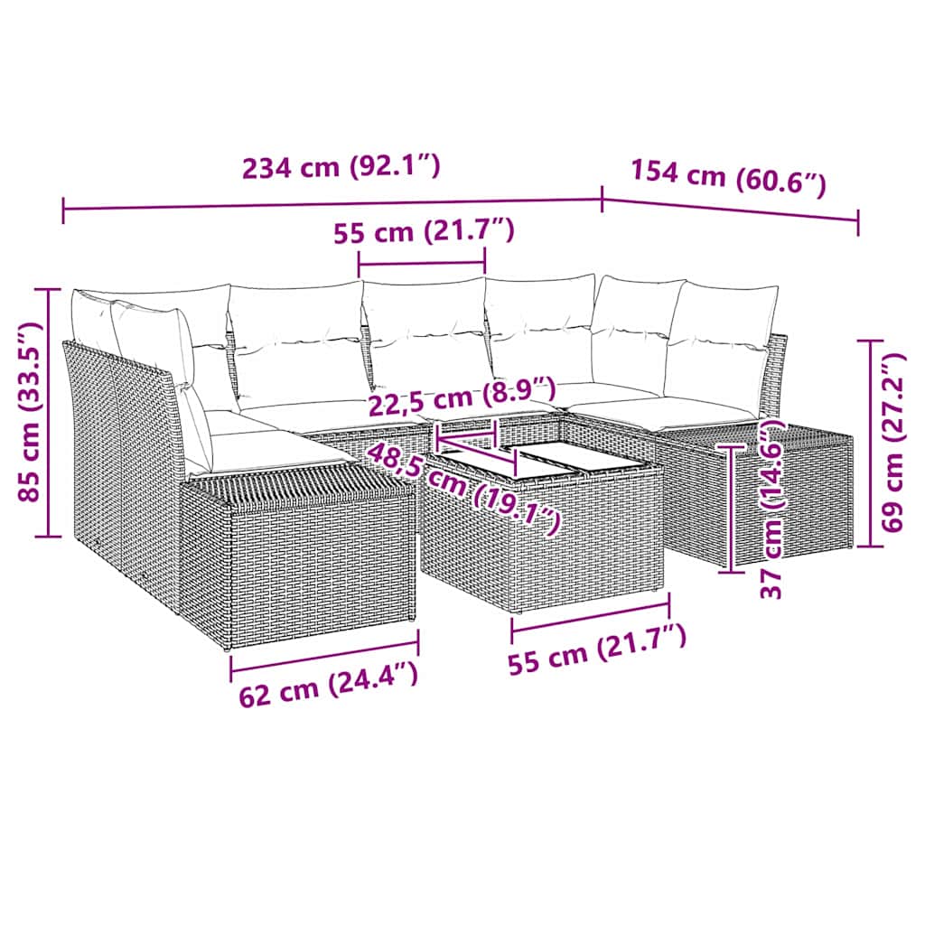 Havesofa Sæt med pude 7 pcs Grå polyrattan