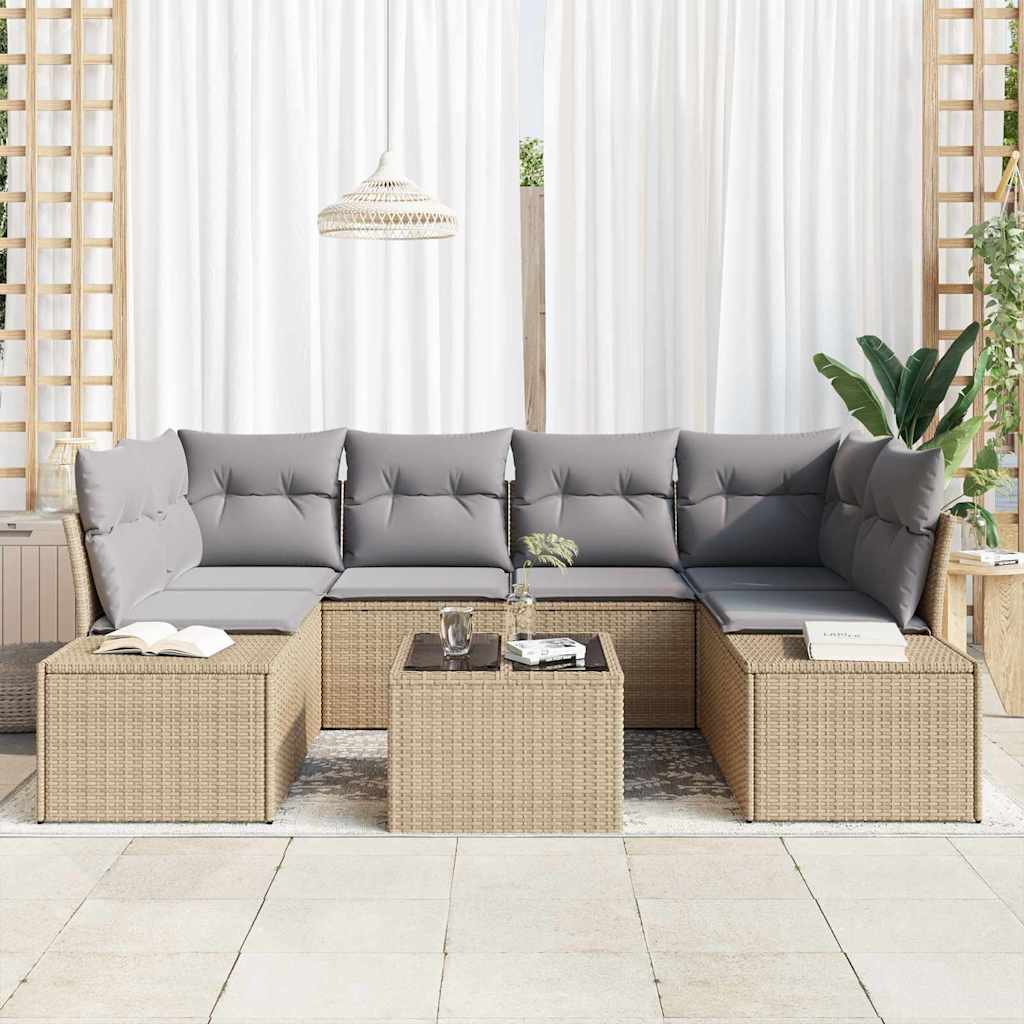 Havesofa Sæt med pude 7 pcs Beige polyrattan