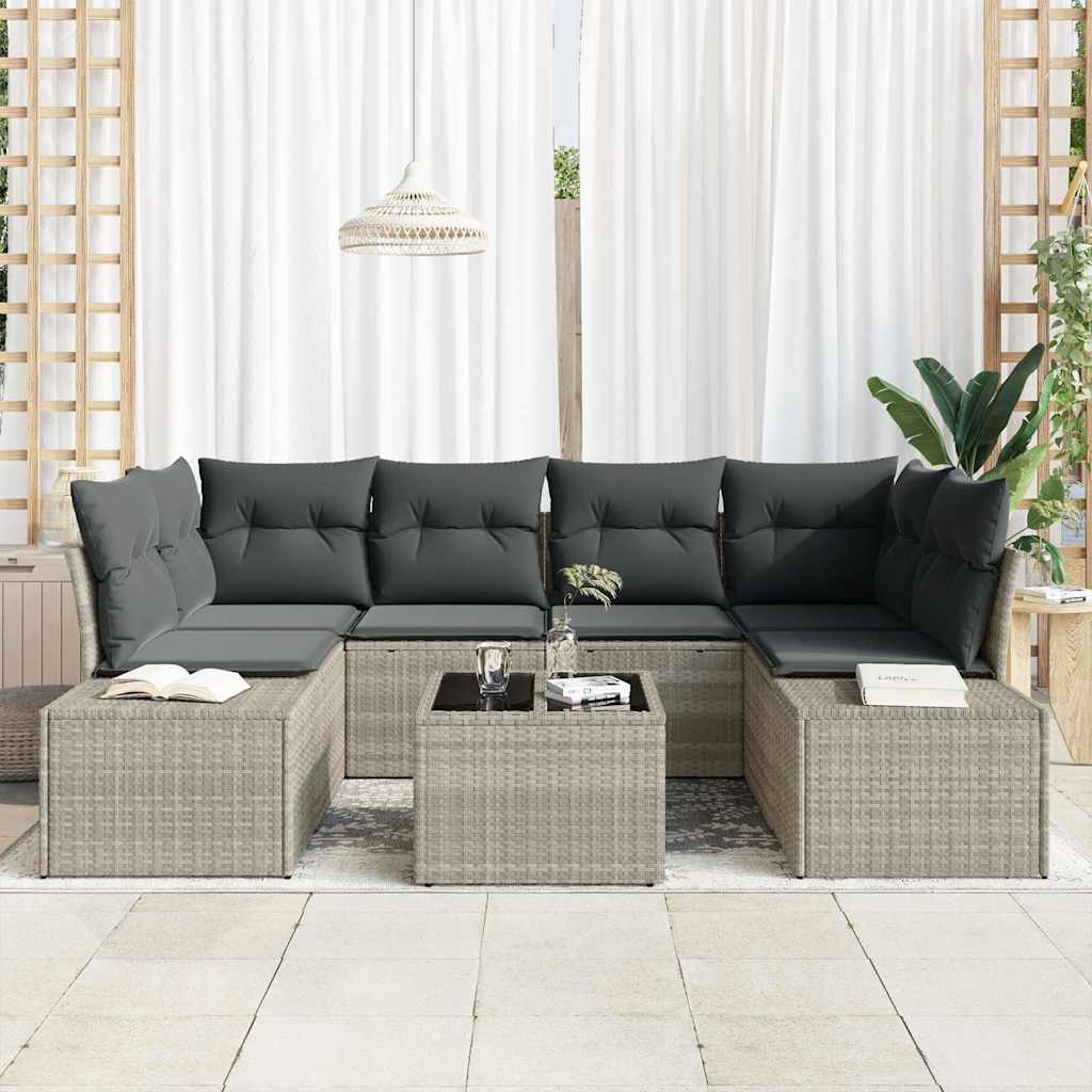 Havesofa Sæt med pude 7 pcs Lysegrå polyrattan