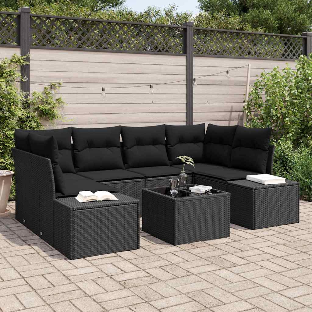 Havesofa Sæt med pude 7 pcs Sort polyrattan