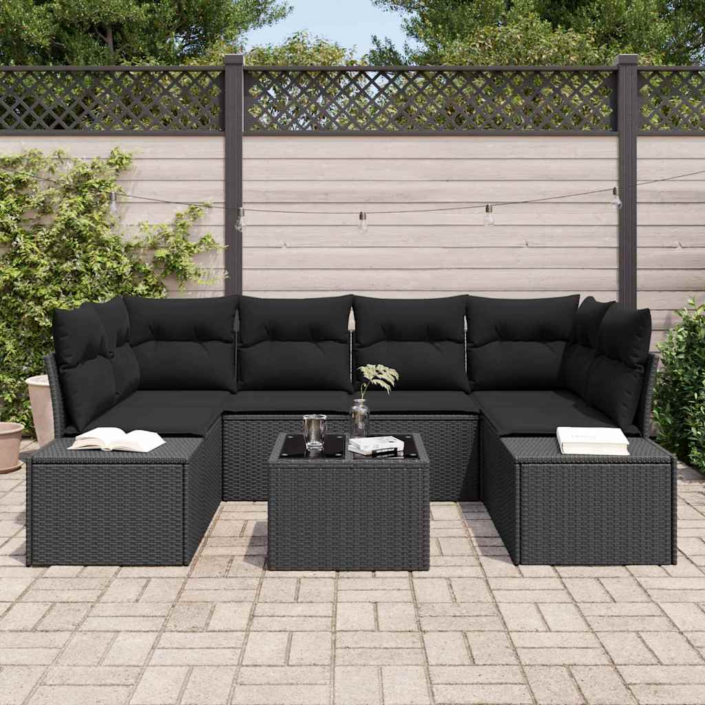 Havesofa Sæt med pude 7 pcs Sort polyrattan