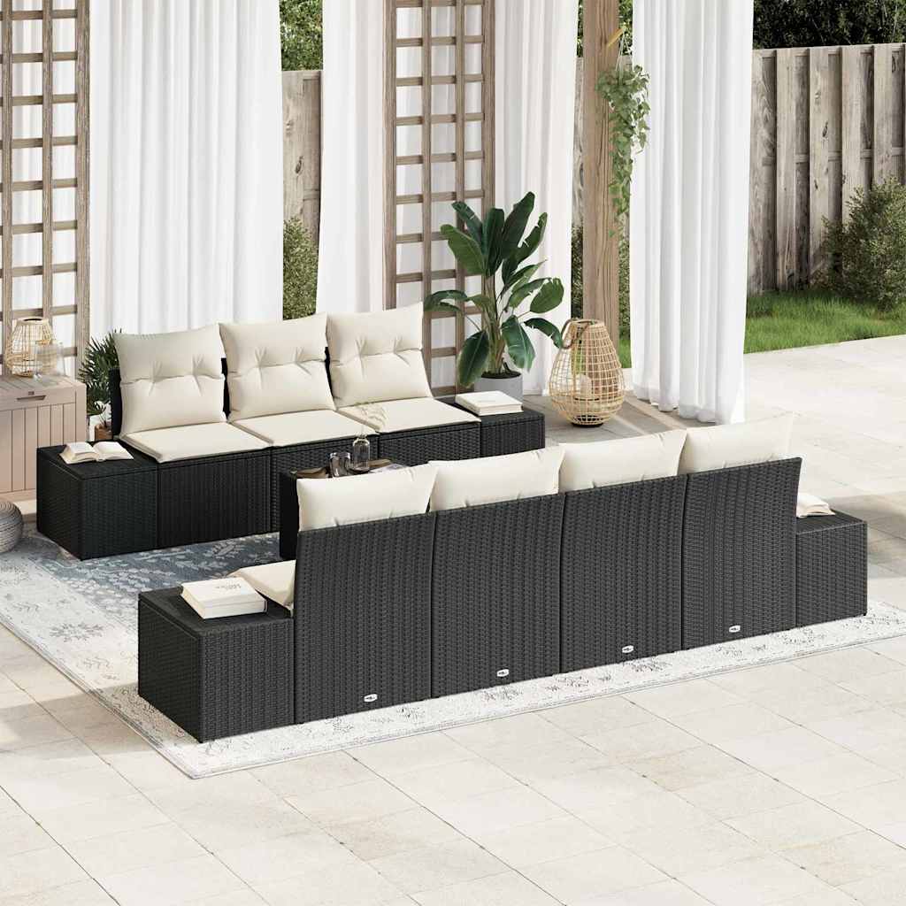 Havesofa Sæt med pude 8 pcs Sort polyrattan