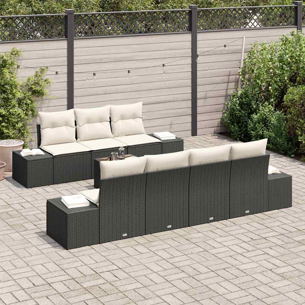 Havesofa Sæt med pude 8 pcs Sort polyrattan