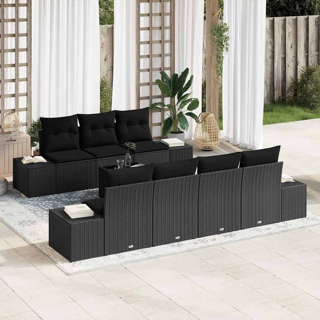 Havesofa Sæt med pude 8 pcs Sort polyrattan