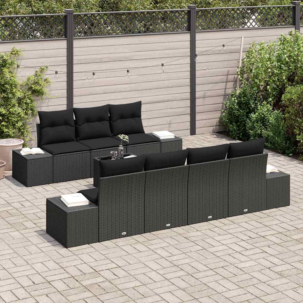 Havesofa Sæt med pude 8 pcs Sort polyrattan