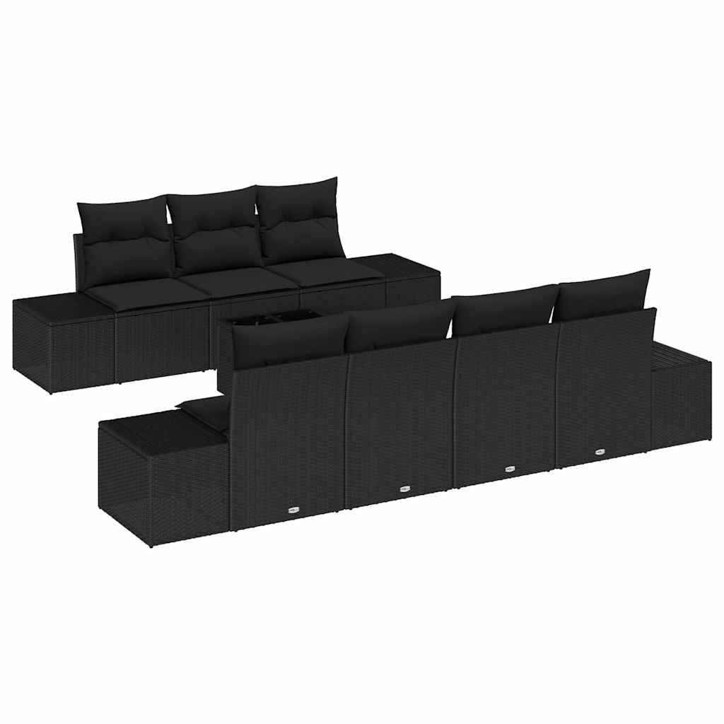 Havesofa Sæt med pude 8 pcs Sort polyrattan