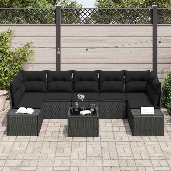 Havesofa Sæt med pude 8 pcs Sort polyrattan