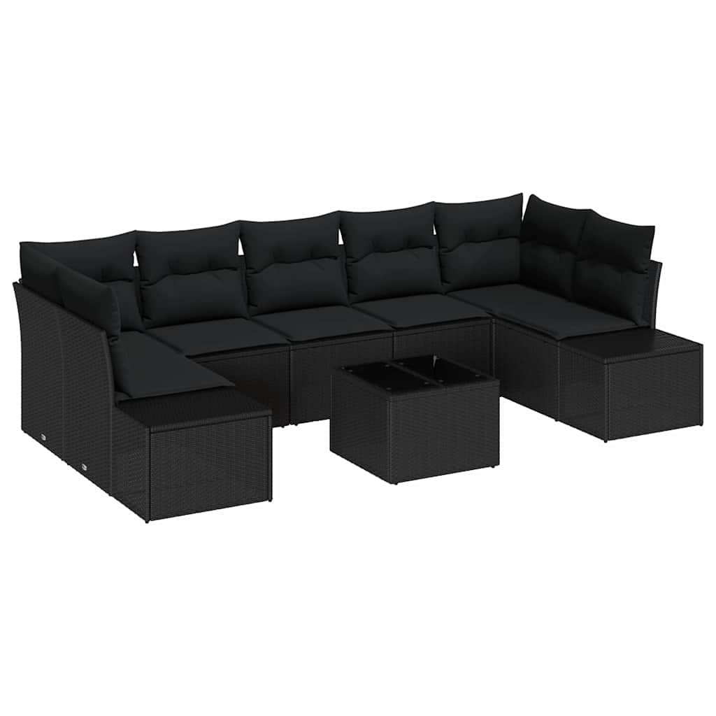 Havesofa Sæt med pude 8 pcs Sort polyrattan