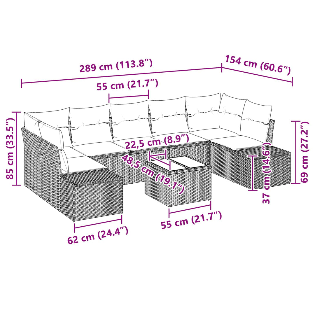 Havesofa Sæt med pude 8 pcs Brun polyrattan