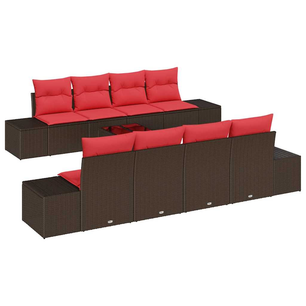 Havesofa Sæt med pude 9 pcs Brun polyrattan