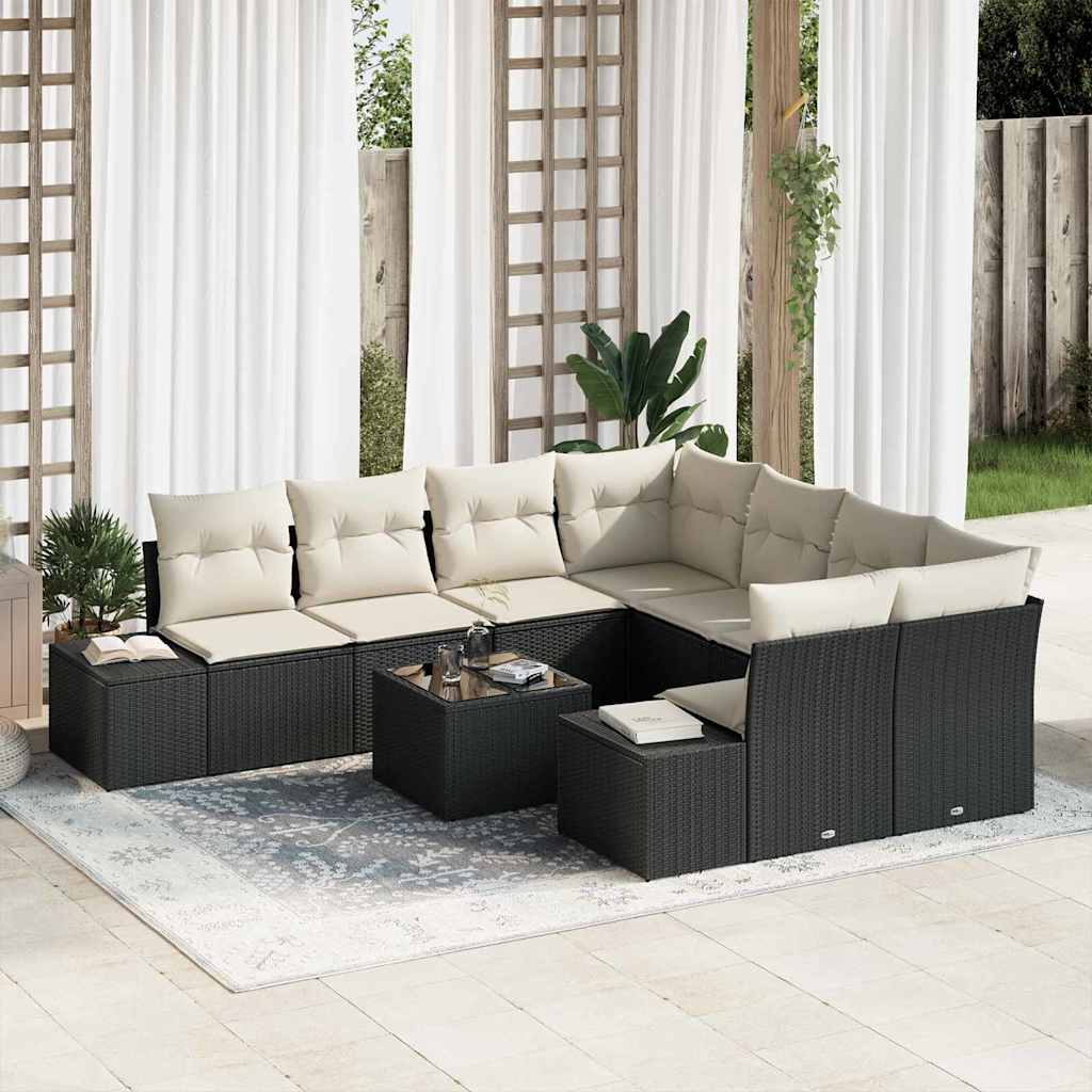 Havesofa Sæt med pude 9 pcs Sort polyrattan