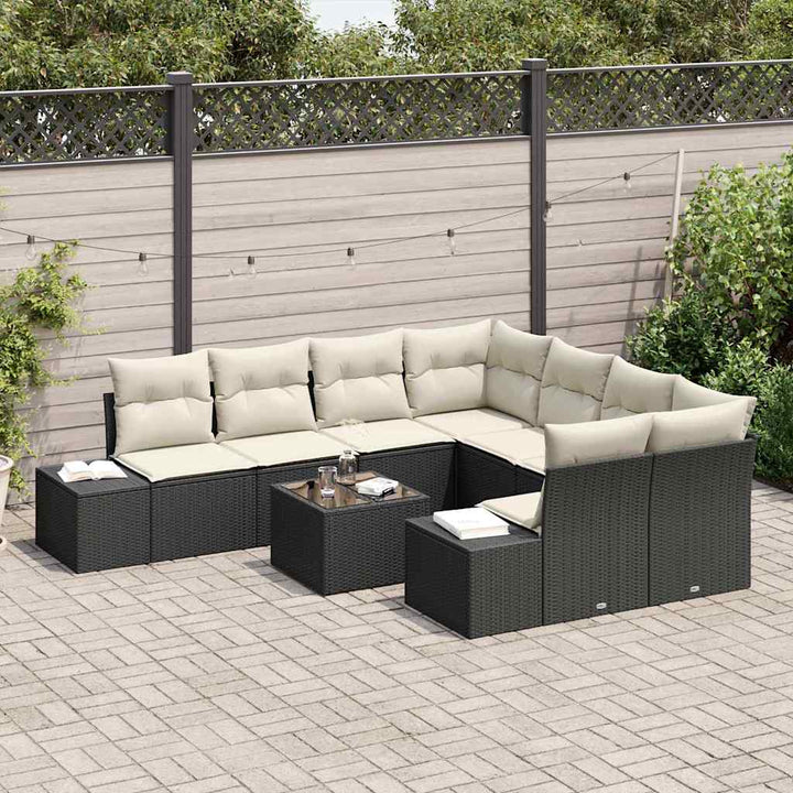Havesofa Sæt med pude 9 pcs Sort polyrattan