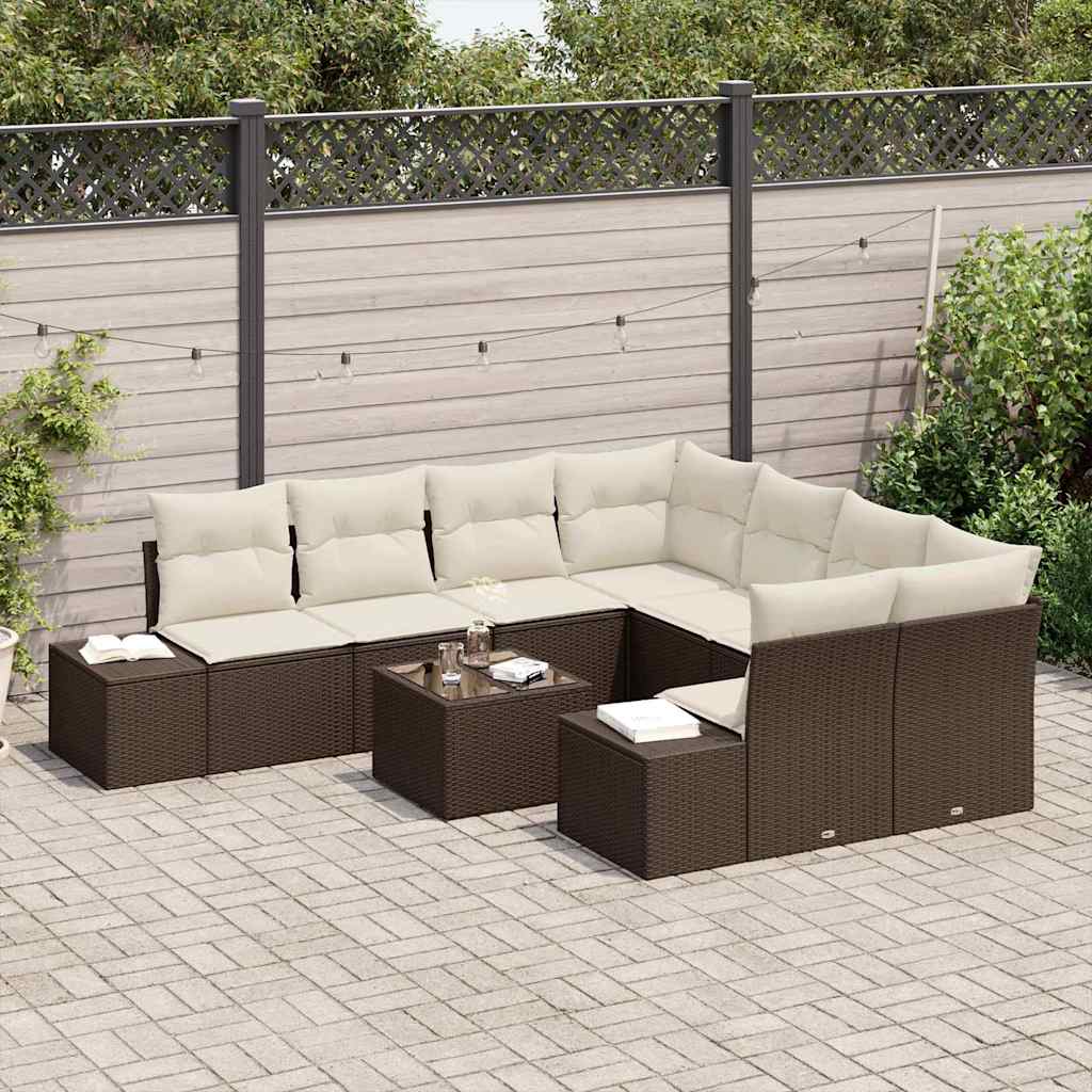 Havesofa Sæt med pude 9 pcs Brun polyrattan