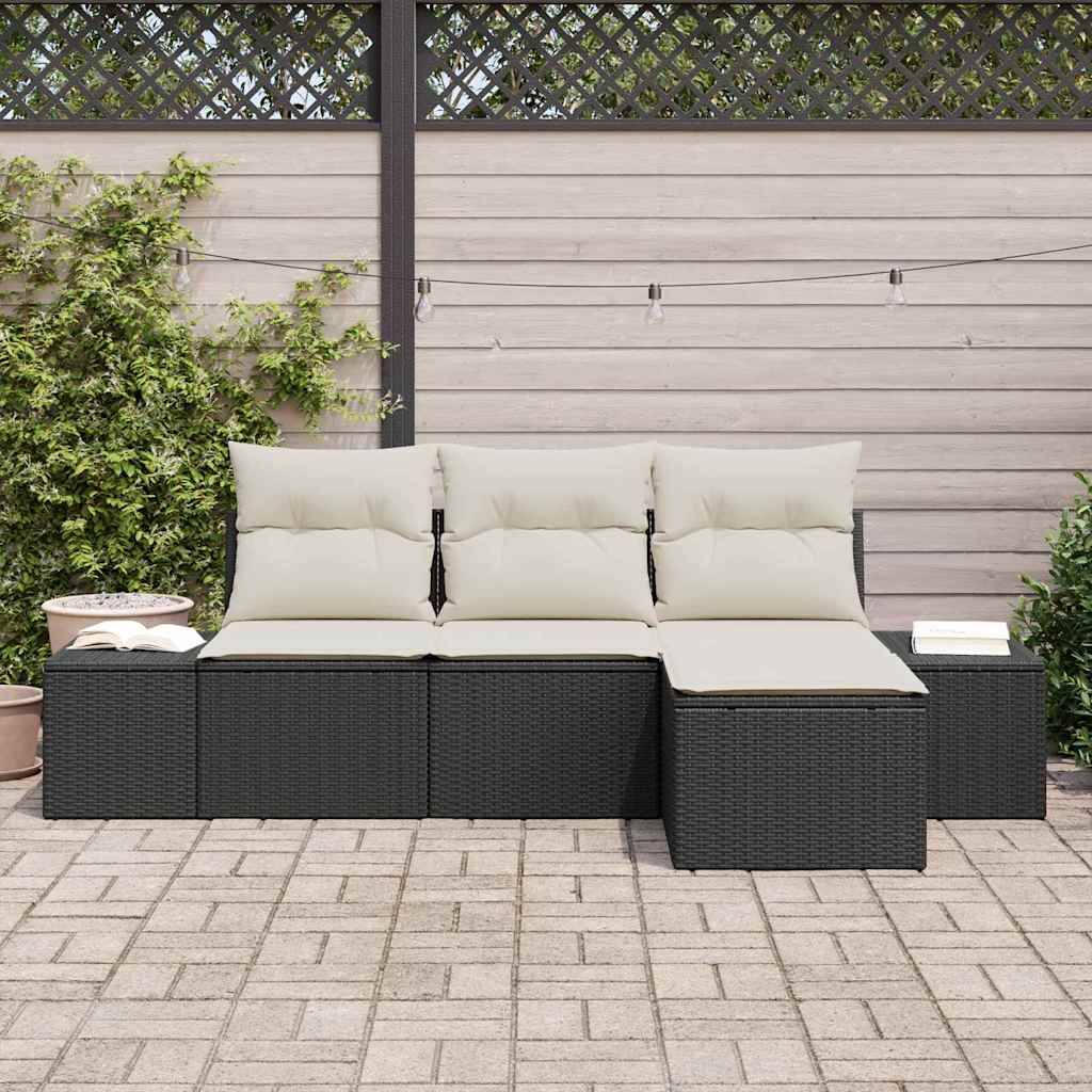 Havesofa Sæt med pude 4 pcs Sort polyrattan