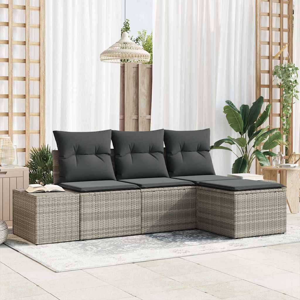 Havesofa Sæt med pude 4 pcs Lysegrå polyrattan