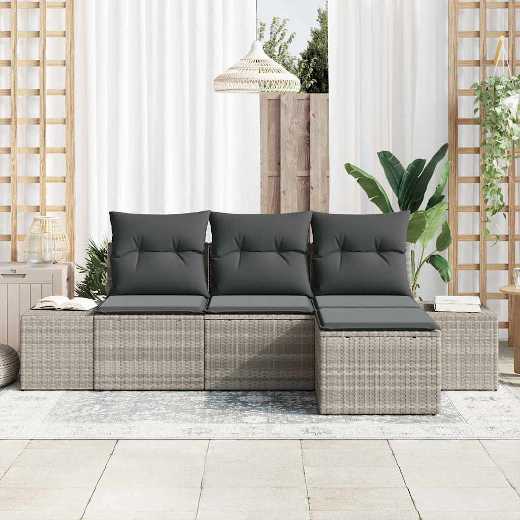 Havesofa Sæt med pude 4 pcs Lysegrå polyrattan