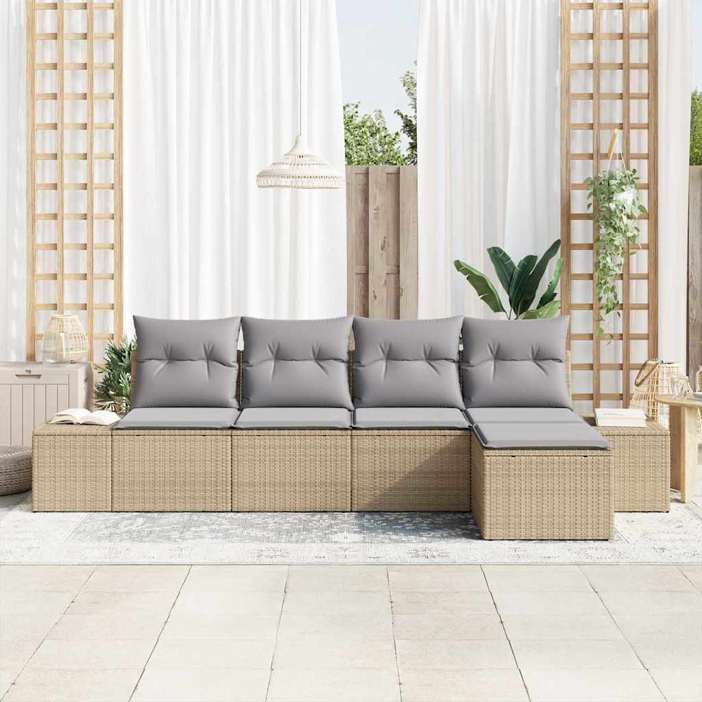 Havesofa Sæt med pude 5 pcs Beige polyrattan