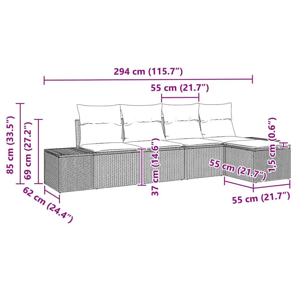 Havesofa Sæt med pude 5 pcs Beige polyrattan