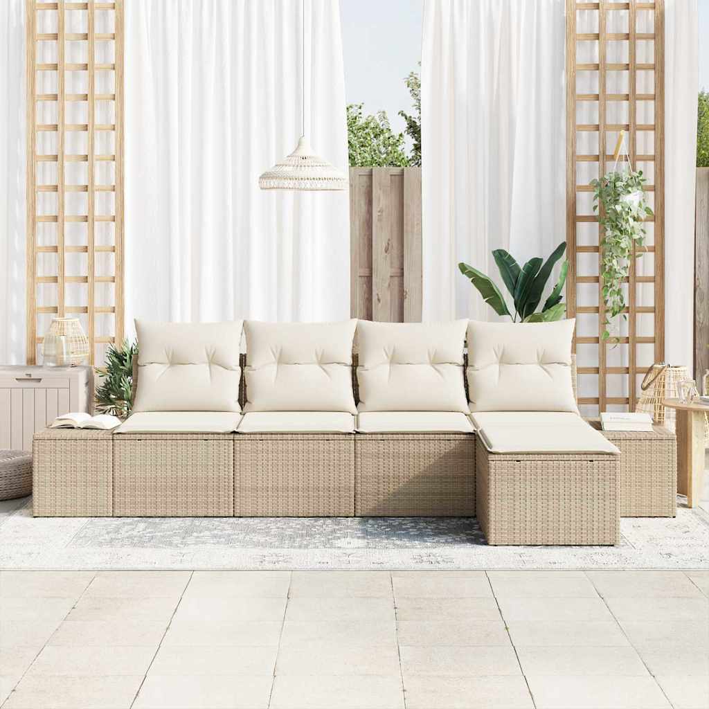 Havesofa Sæt med pude 5 pcs Beige polyrattan