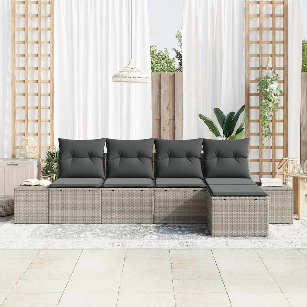 Havesofa Sæt med pude 5 pcs Lysegrå polyrattan
