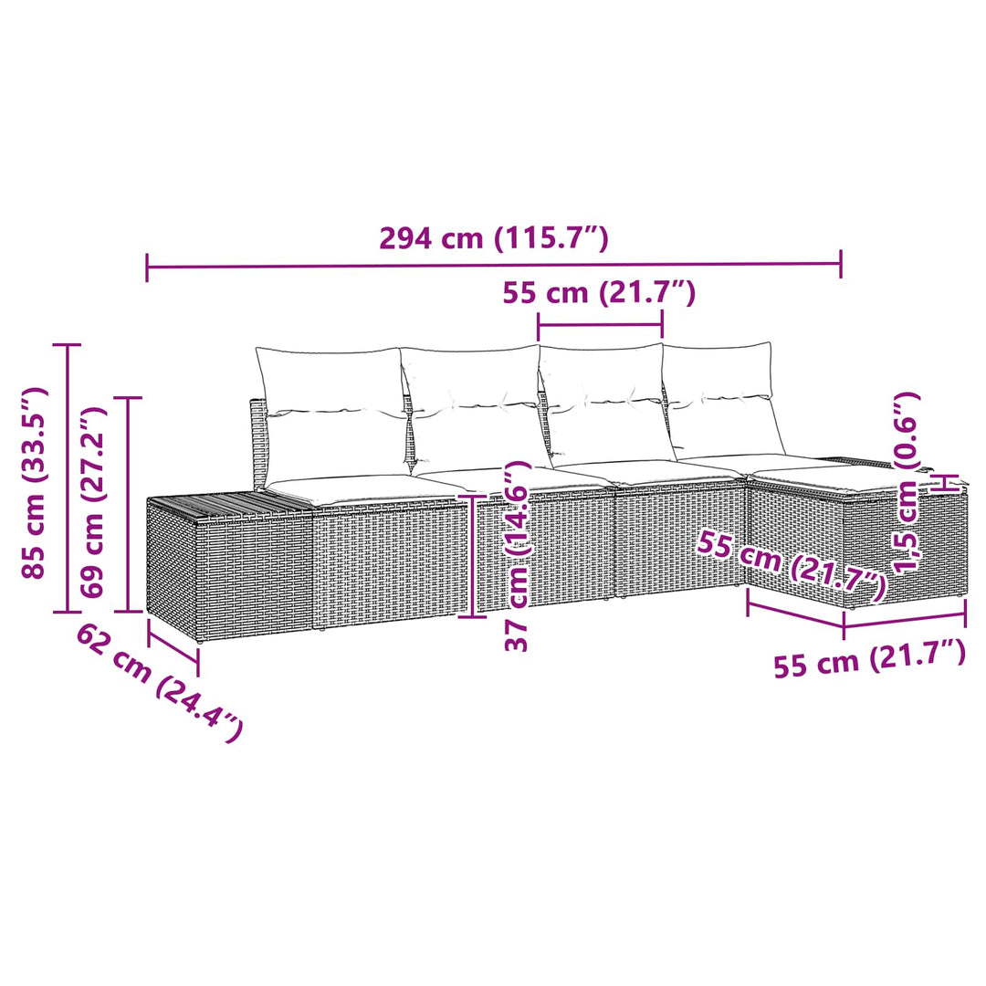 Havesofa Sæt med pude 5 pcs Brun polyrattan