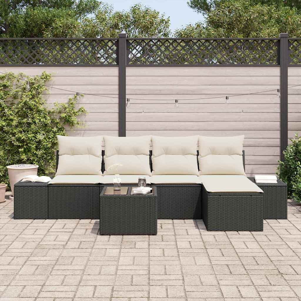 Havesofa Sæt med pude 6 pcs Sort polyrattan