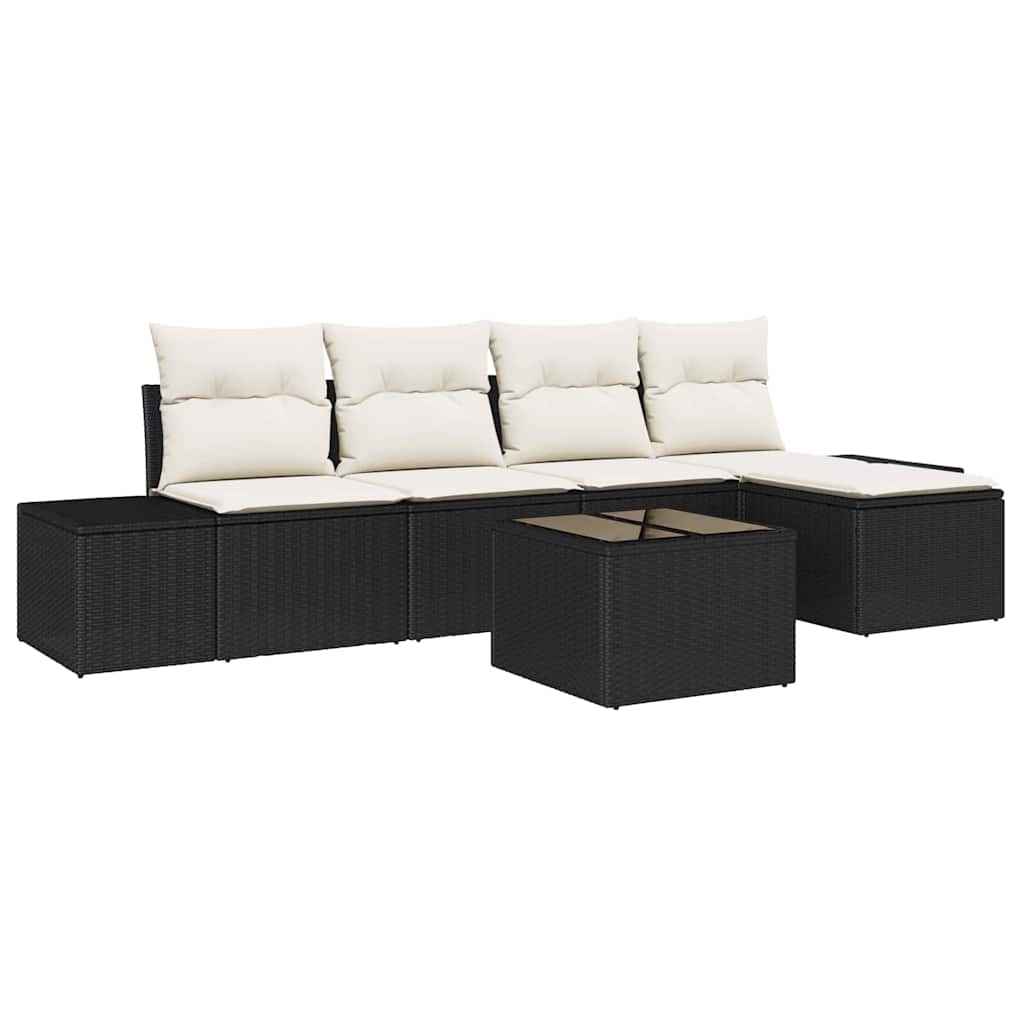 Havesofa Sæt med pude 6 pcs Sort polyrattan