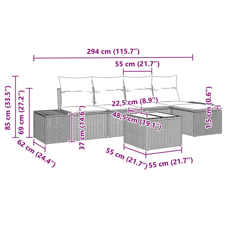 Havesofa Sæt med pude 6 pcs Sort polyrattan
