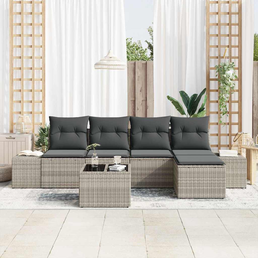 Havesofa Sæt med pude 6 pcs Lysegrå polyrattan