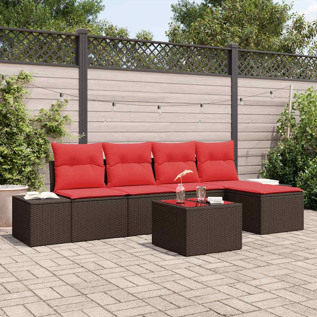 Havesofa Sæt med pude 6 pcs Brun polyrattan