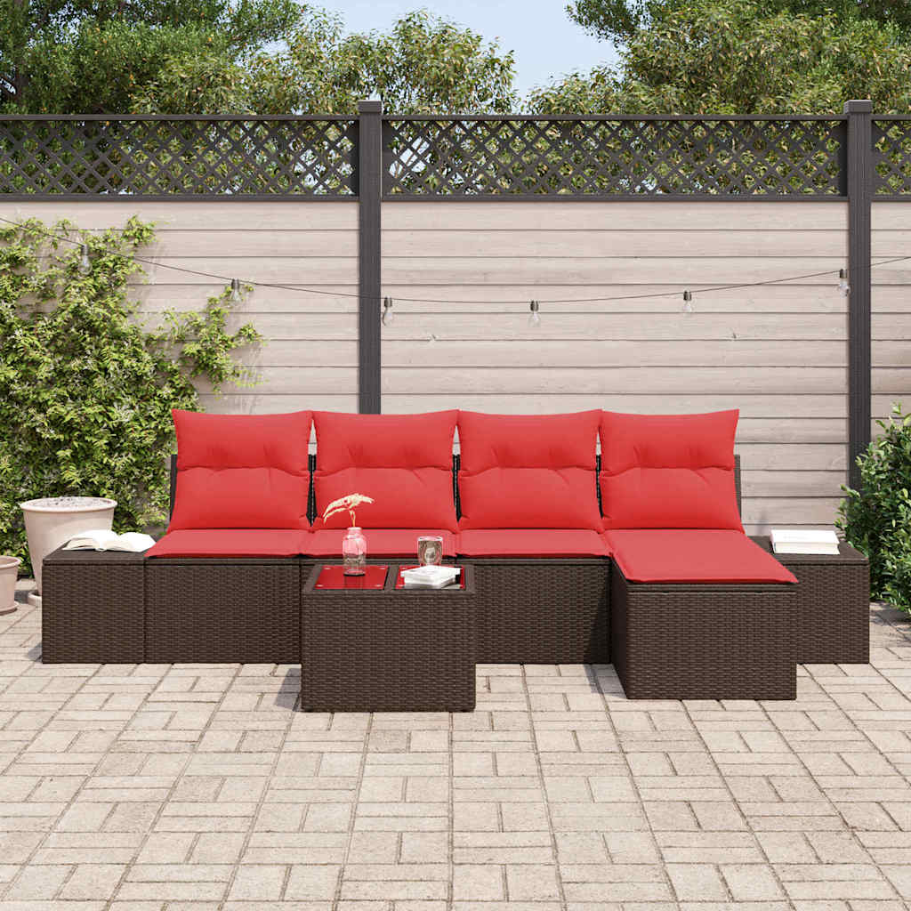 Havesofa Sæt med pude 6 pcs Brun polyrattan