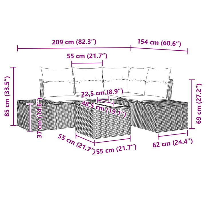 Havesofa Sæt med pude 5 pcs Brun polyrattan