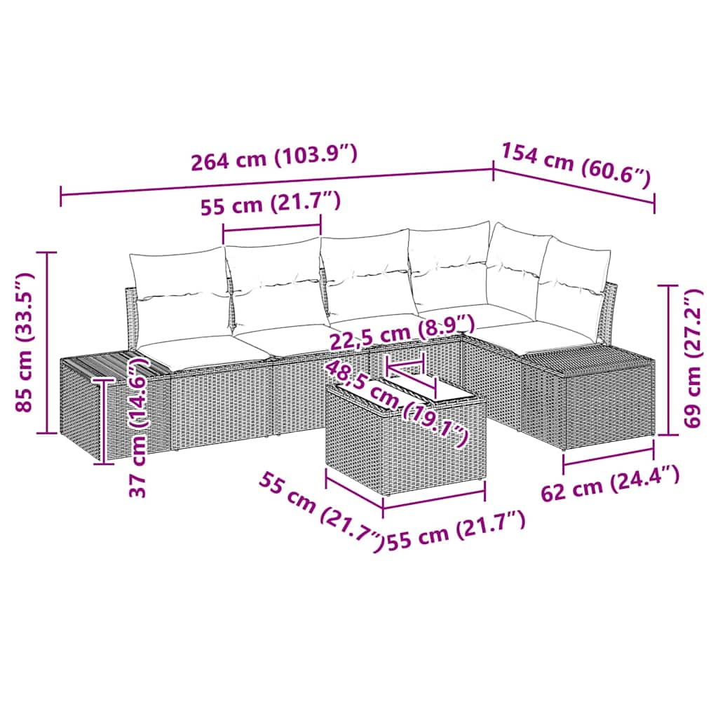 Havesofa Sæt 6 stk. Sort polyrattan