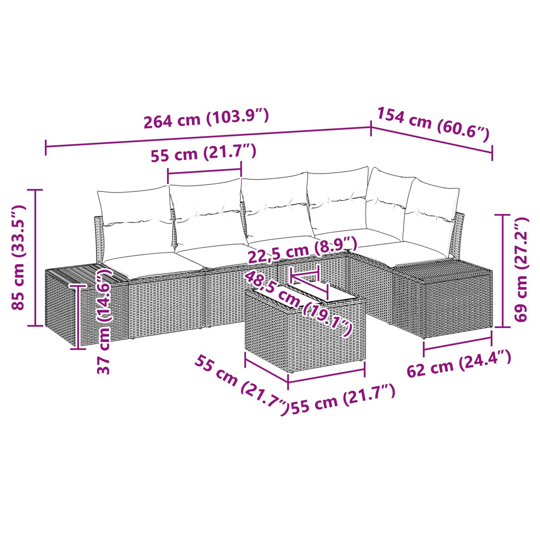 Havesofa Sæt med pude 6 pcs Brun polyrattan