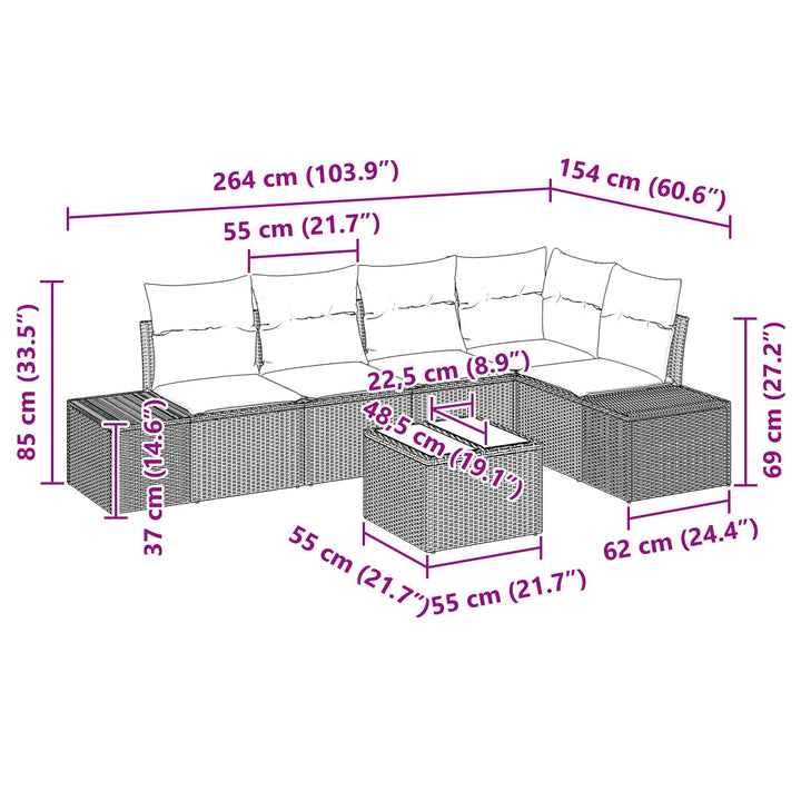Havesofa Sæt med pude 6 pcs Brun polyrattan