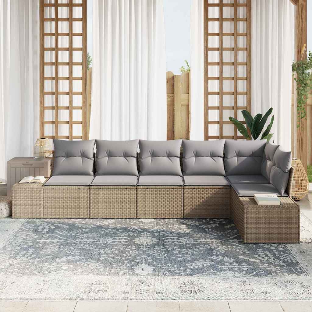 Havesofa Sæt med pude 6 pcs Beige og grå polyrattan