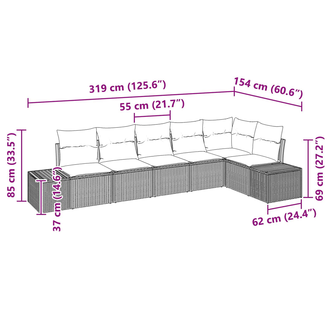 Havesofa Sæt med pude 6 pcs Brun polyrattan