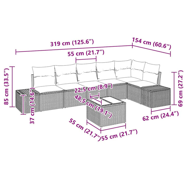 Havesofa Sæt med pude 7 pcs Beige og grå polyrattan