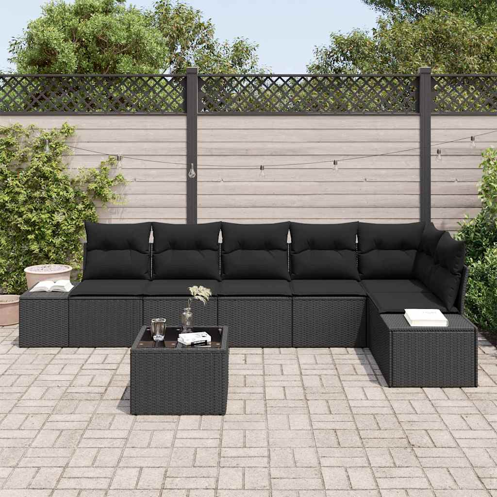 Havesofa Sæt med pude 7 pcs Sort polyrattan
