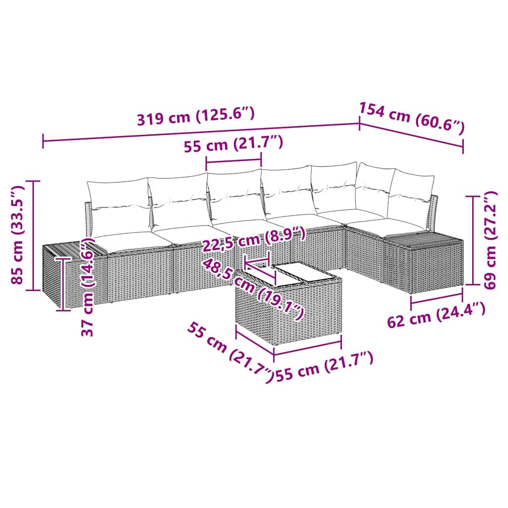 Havesofa Sæt med pude 7 pcs Sort polyrattan
